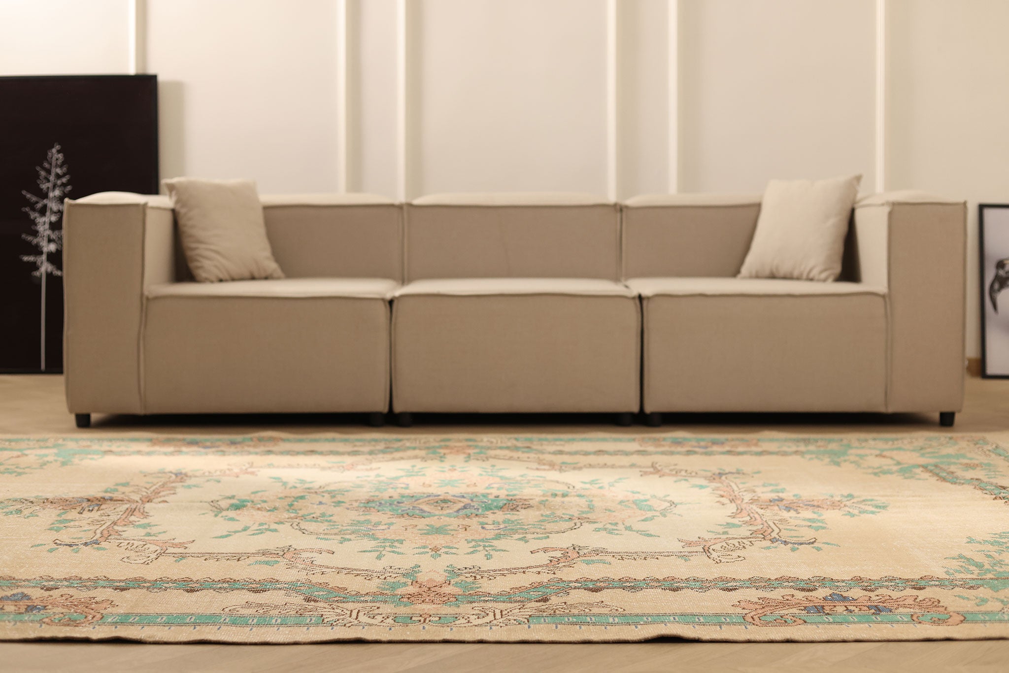 Vintage Isparta Turkish Area Rug 7x10 ft — Beige & Green Floral (No. 40885)