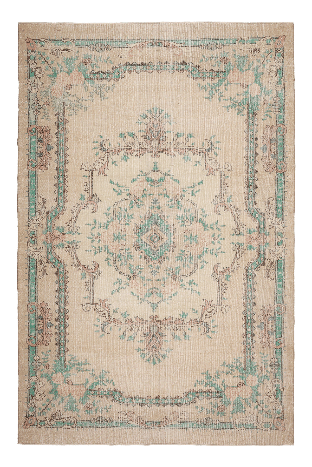 Vintage Isparta Turkish Area Rug 7x10 ft — Beige & Green Floral (No. 40885)