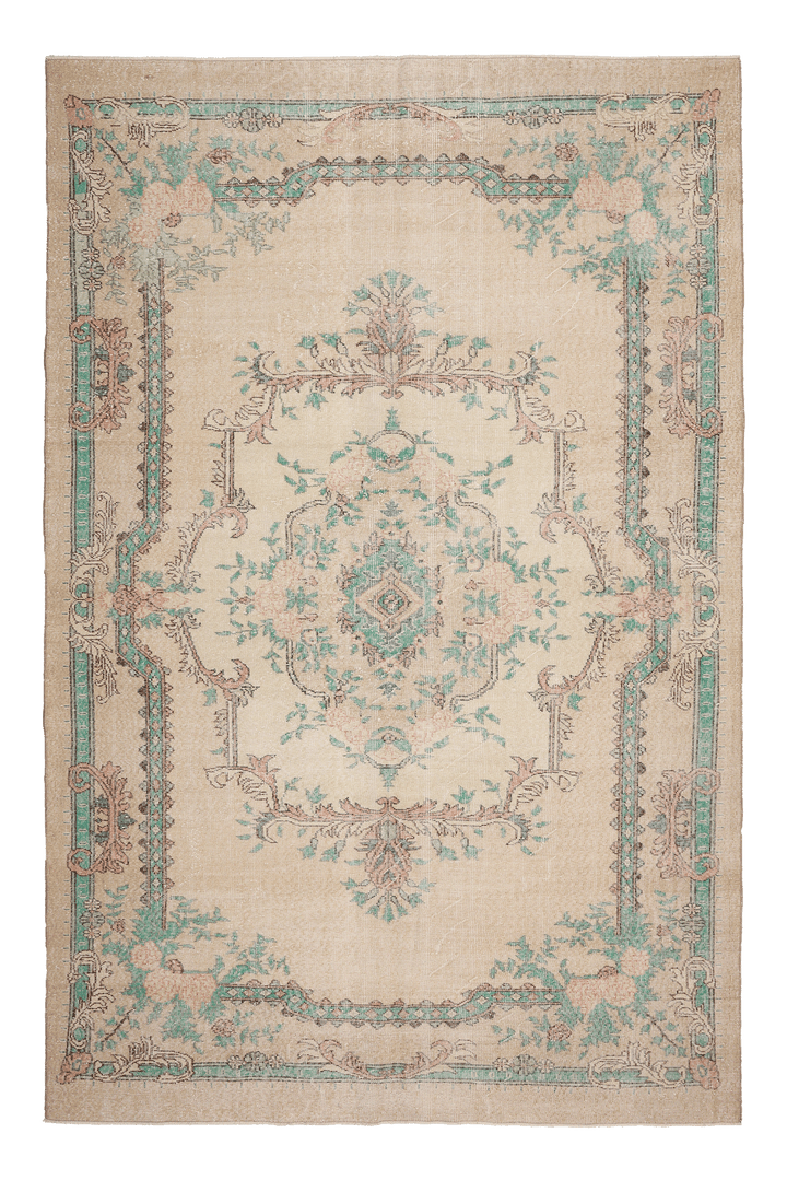 Vintage Isparta Turkish Area Rug 7x10 ft — Beige & Green Floral (No. 40885)
