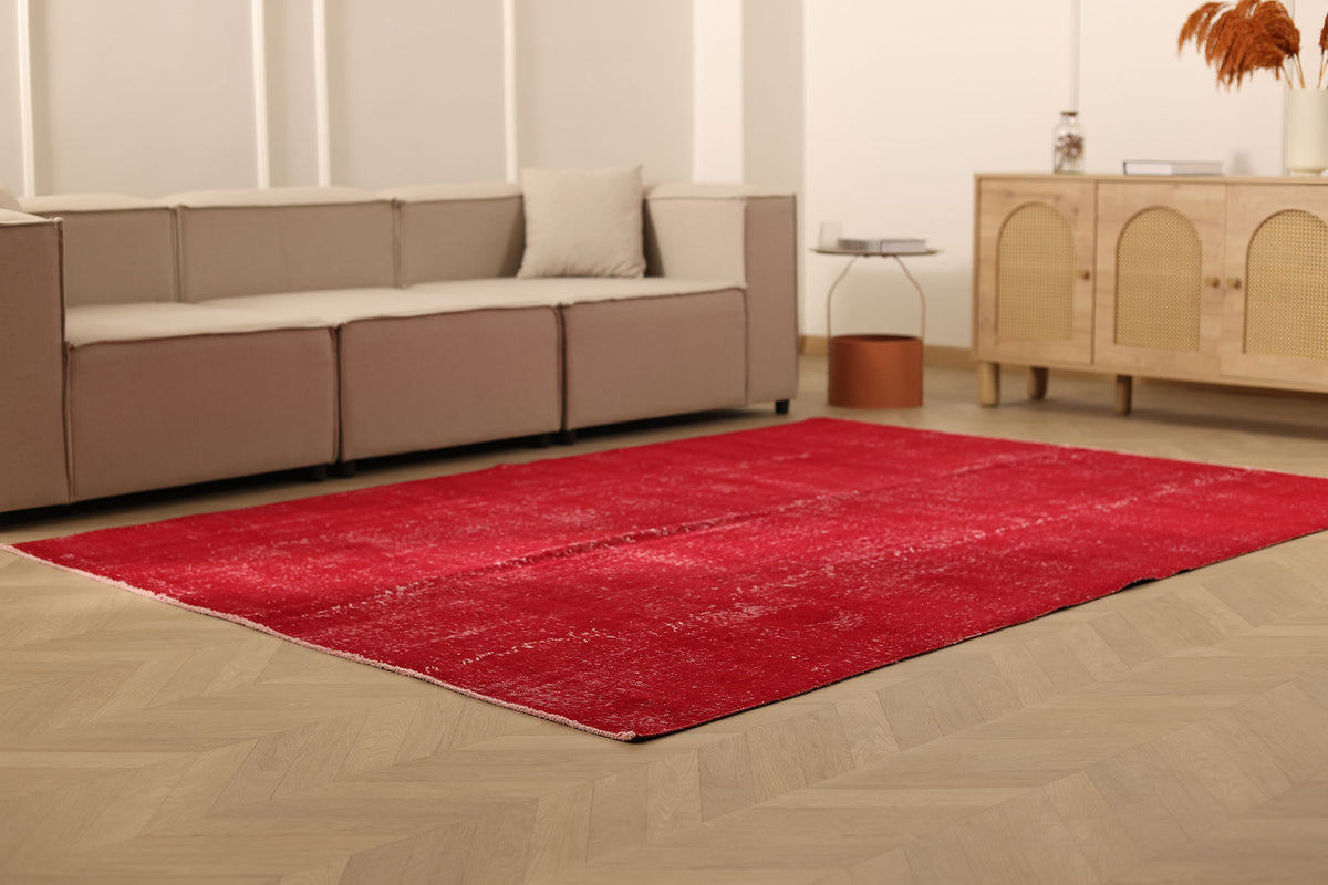 Vintage Isparta Turkish Area Rug 6x9 ft — Red Overdyed (No. 40889)