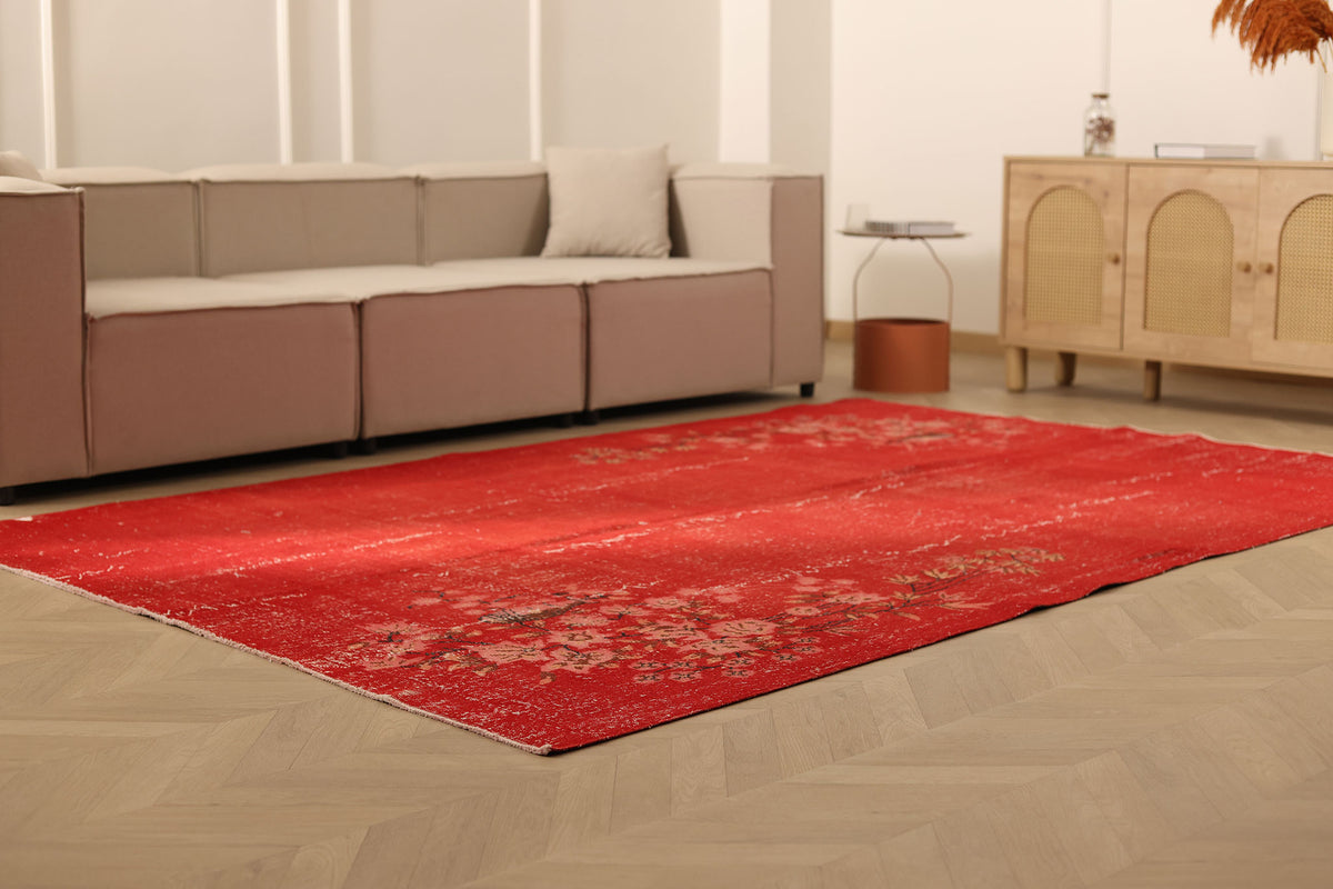 Vintage Isparta Turkish Area Rug 6x9 ft — Red Overdyed (No. 40892)