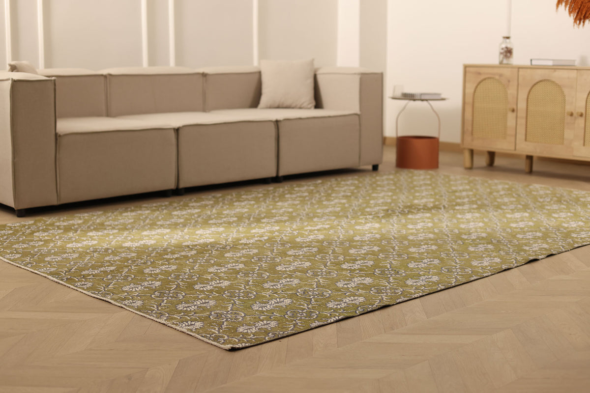 Vintage Isparta Turkish Area Rug 7x10 ft — Green & Beige Floral