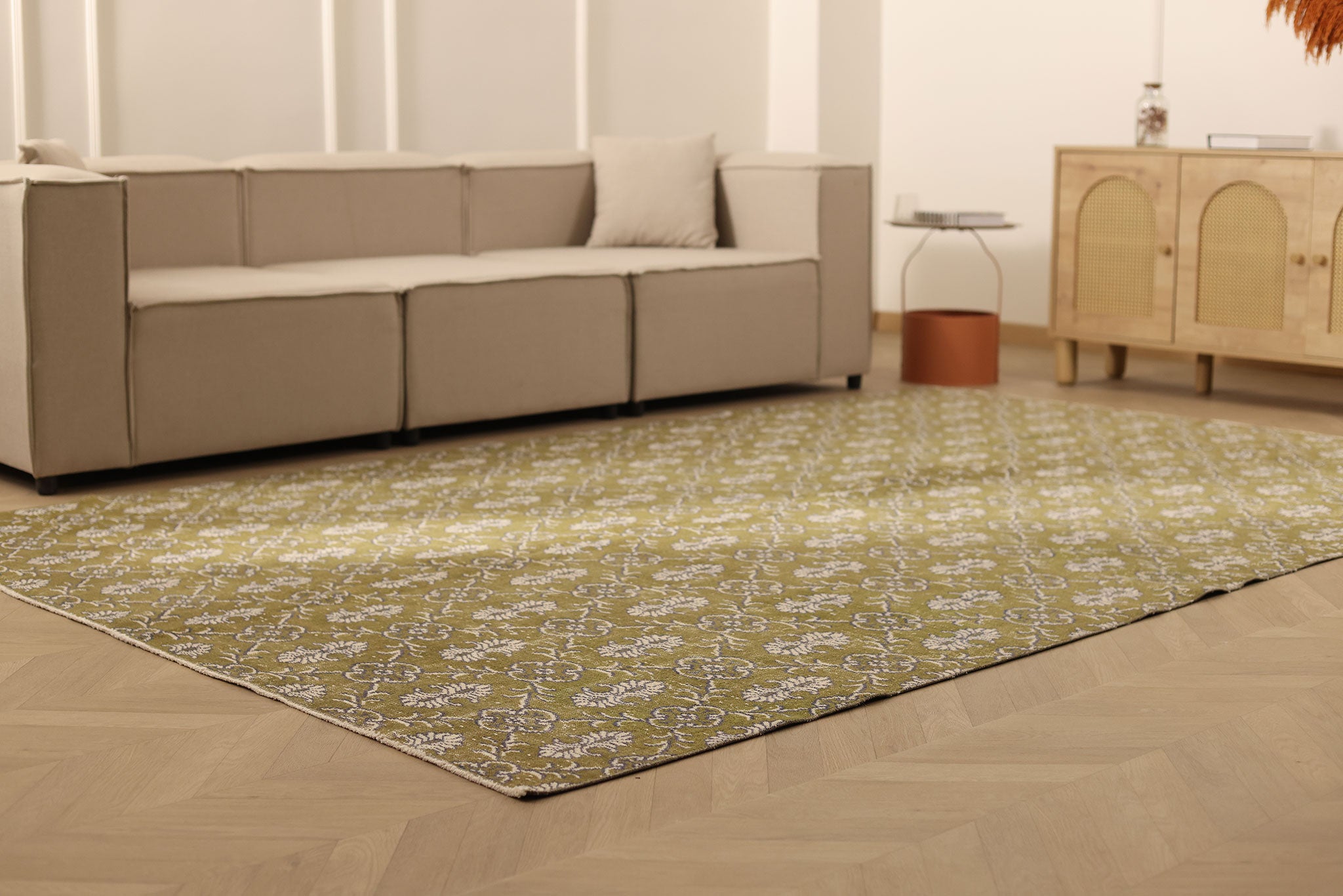 Vintage Isparta Turkish Area Rug 7x10 ft — Green & Beige Floral