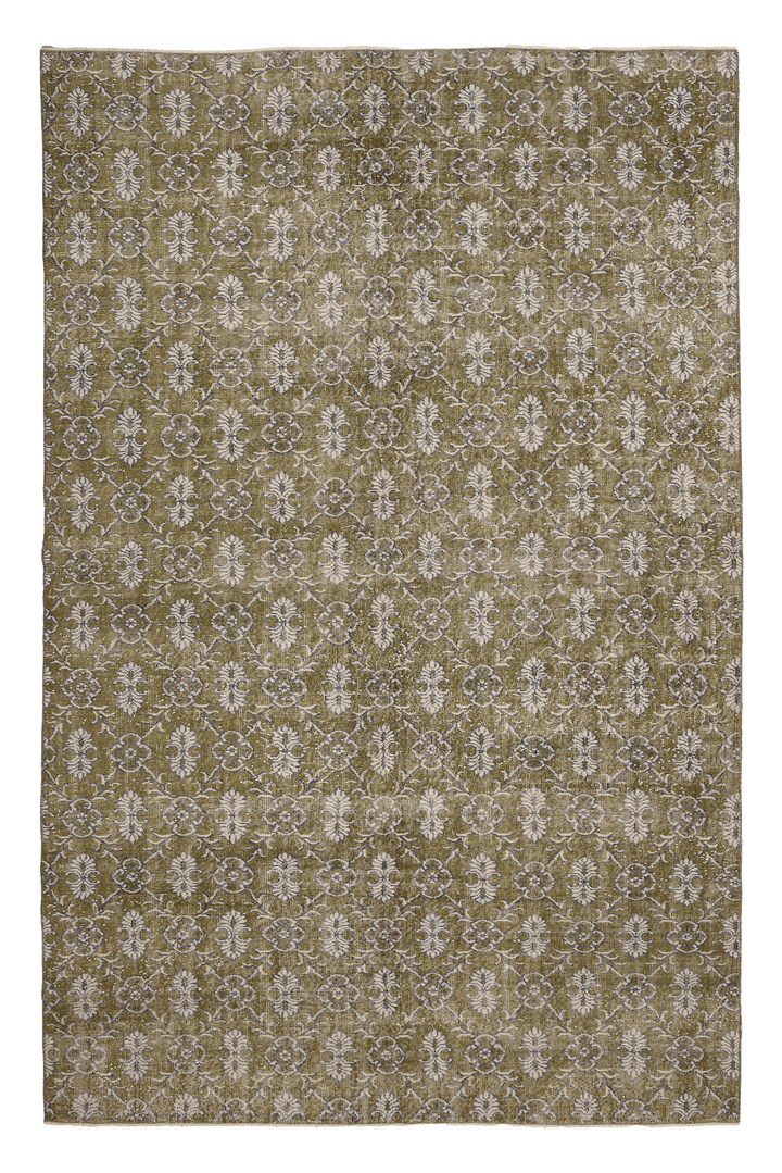 Vintage Isparta Turkish Area Rug 7x10 ft — Green & Beige Floral