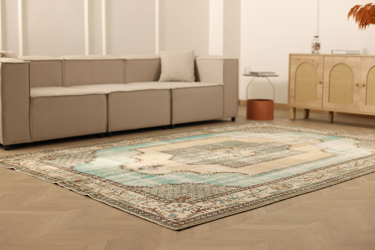 Vintage Isparta Turkish Area Rug 7x10 ft — Brown & Green Geometric