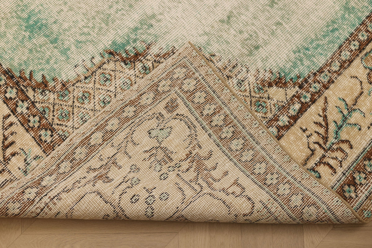 Vintage Isparta Turkish Area Rug 7x10 ft — Brown & Green Geometric