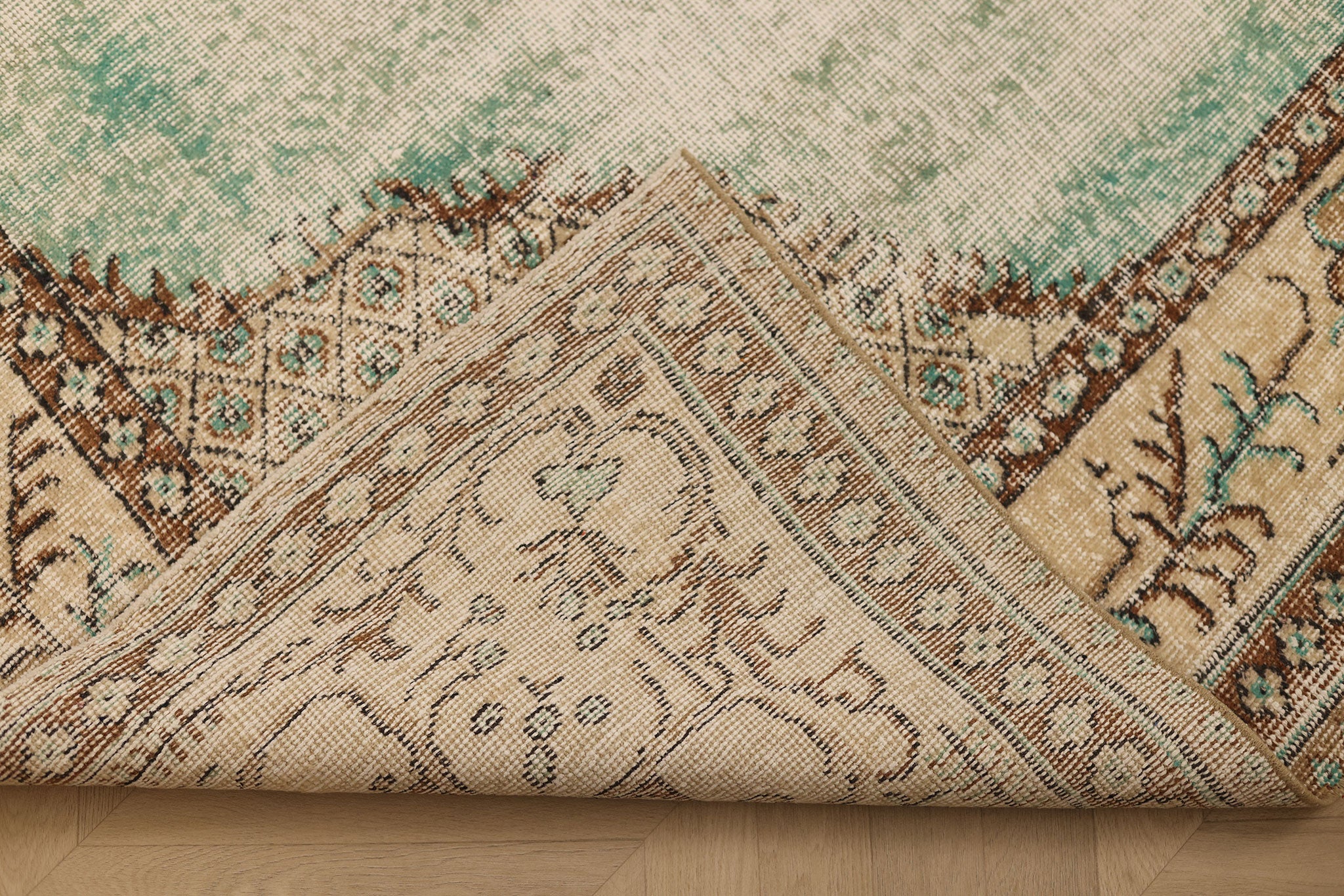 Vintage Isparta Turkish Area Rug 7x10 ft — Brown & Green Geometric
