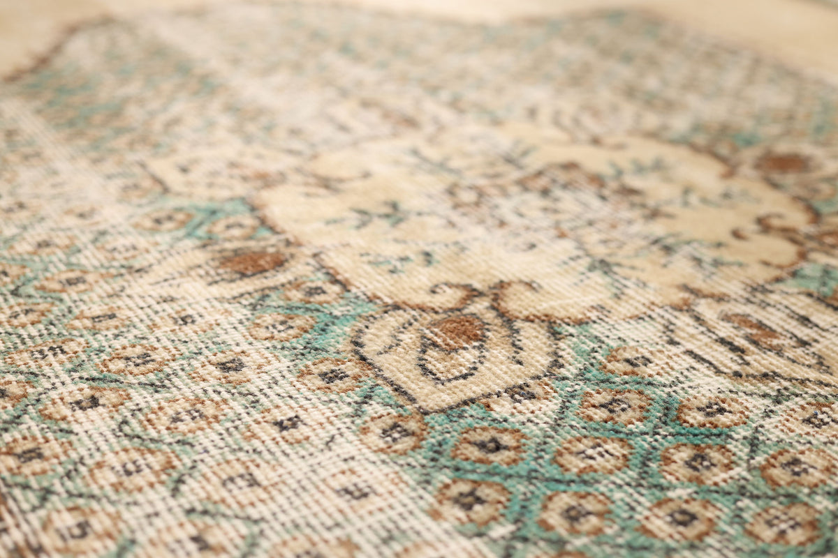 Vintage Isparta Turkish Area Rug 7x10 ft — Brown & Green Geometric