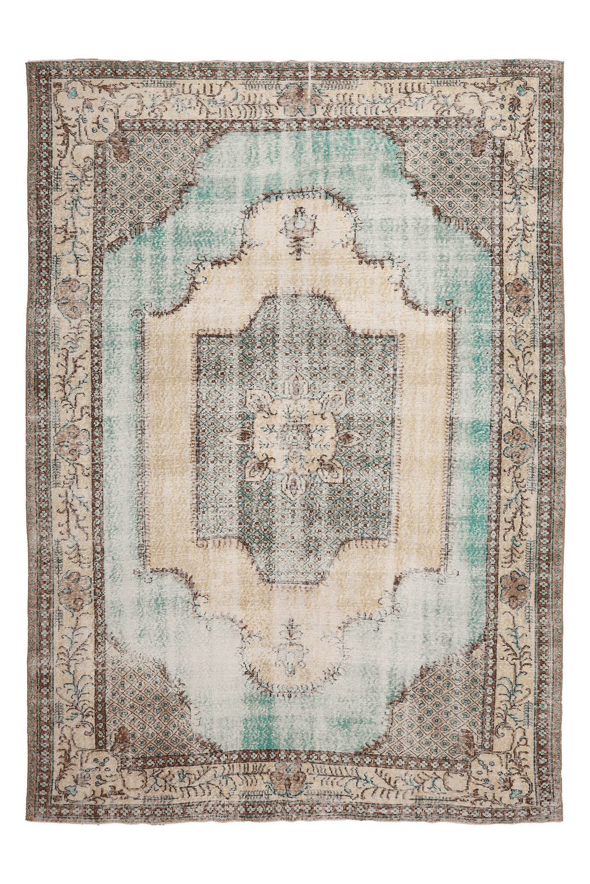 Vintage Isparta Turkish Area Rug 7x10 ft — Brown & Green Geometric