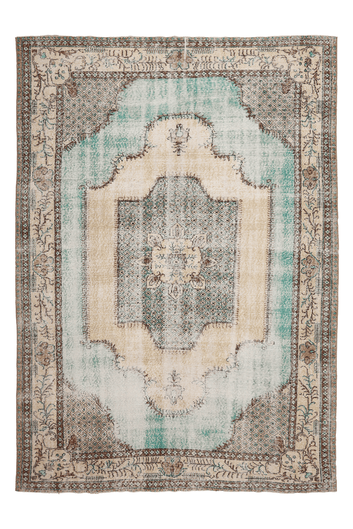 Vintage Isparta Turkish Area Rug 7x10 ft — Brown & Green Geometric