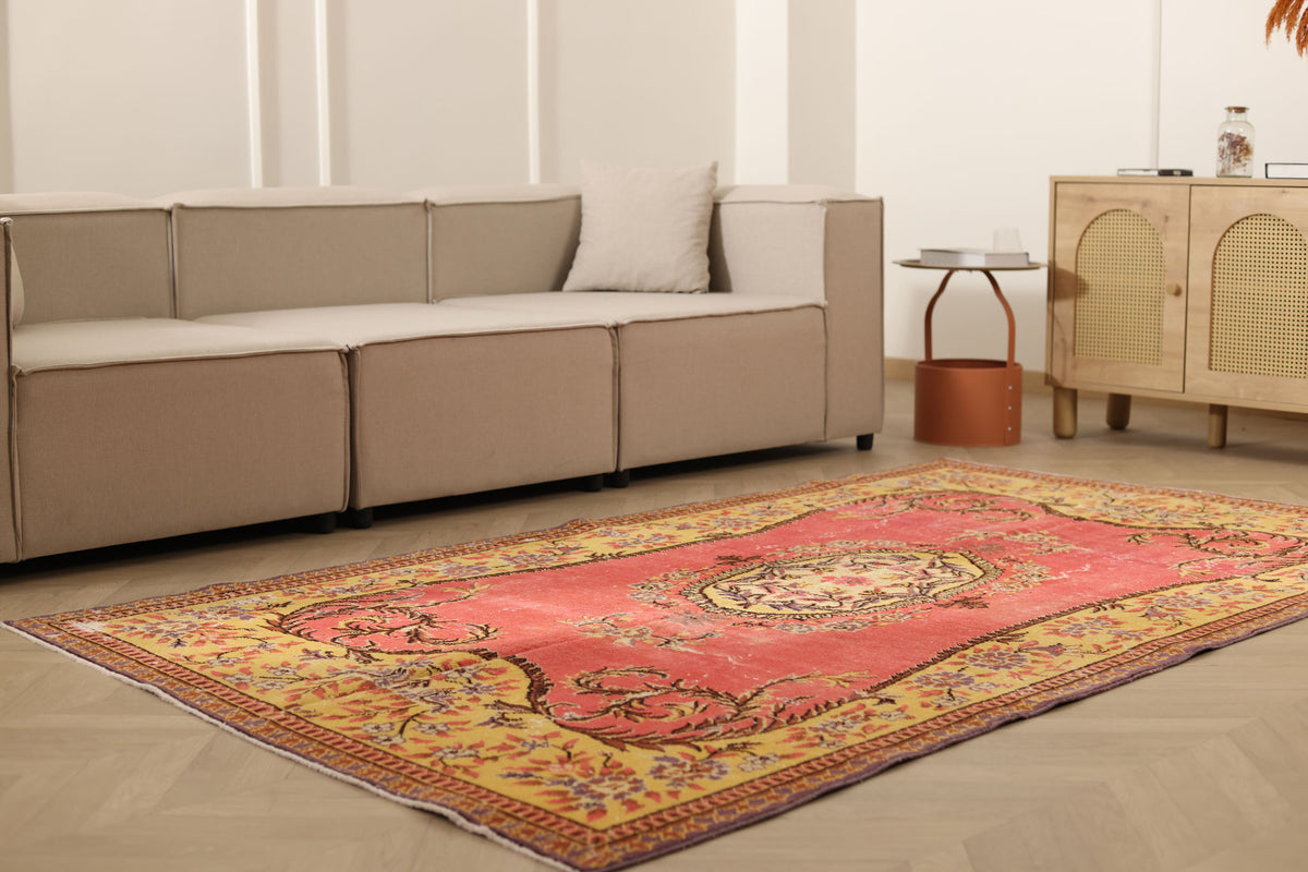 Vintage Isparta Turkish Area Rug 5x8 ft — Pink & Yellow Floral