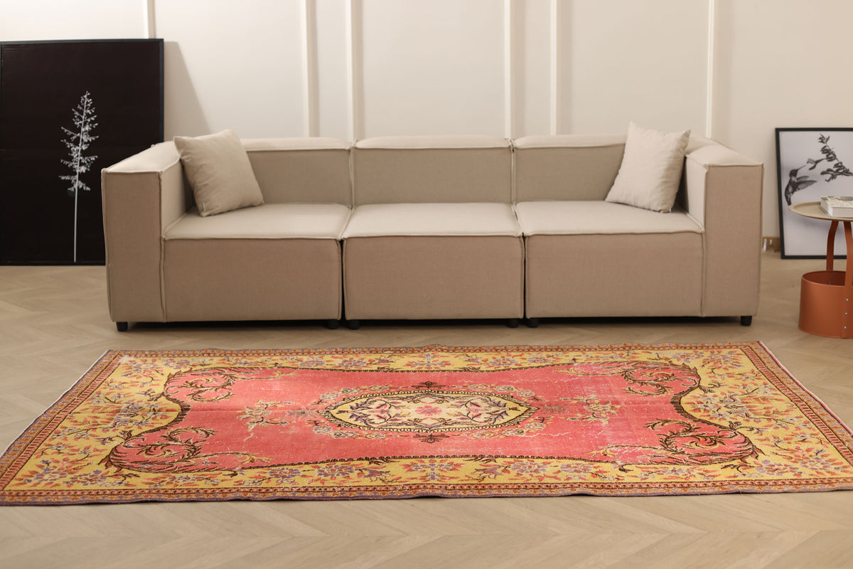 Vintage Isparta Turkish Area Rug 5x8 ft — Pink & Yellow Floral