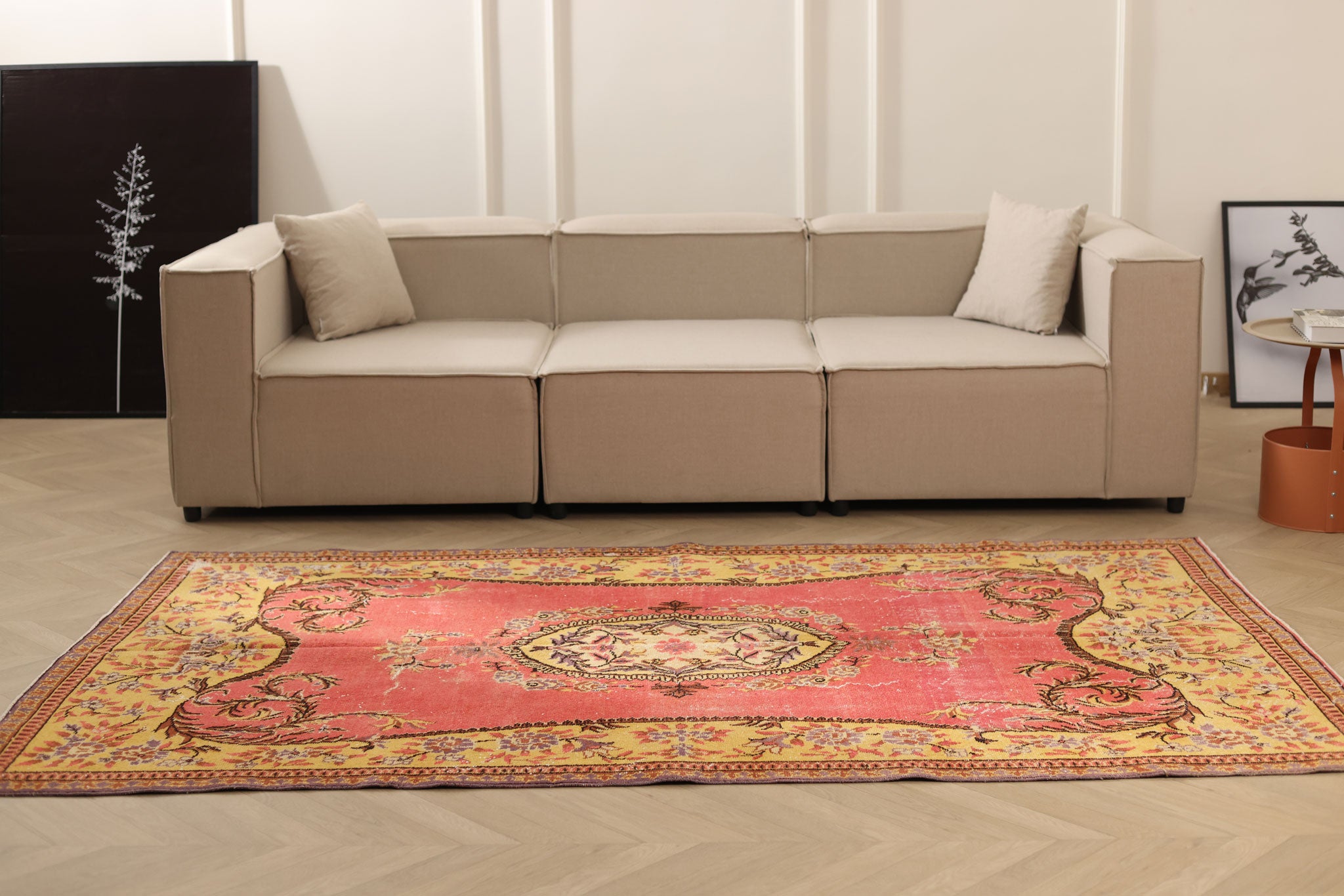 Vintage Isparta Turkish Area Rug 5x8 ft — Pink & Yellow Floral