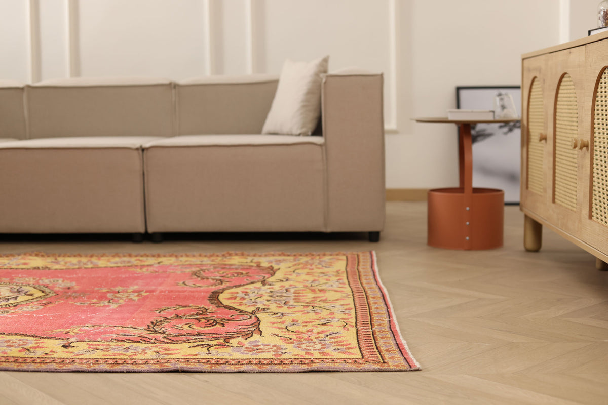 Vintage Isparta Turkish Area Rug 5x8 ft — Pink & Yellow Floral