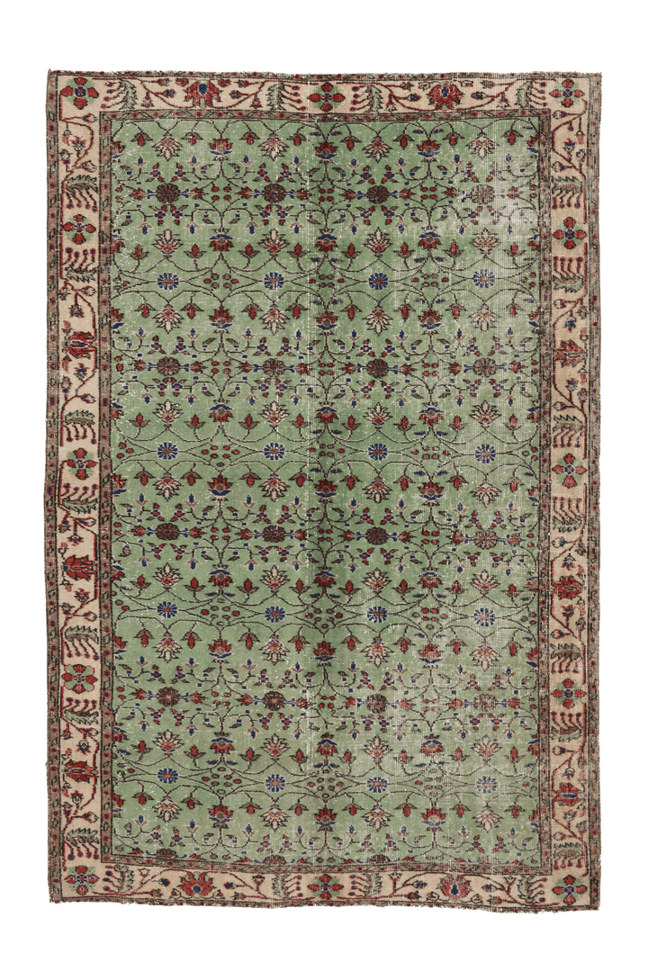 Vintage Isparta Turkish Area Rug 5x8 ft — Green Floral (No. 40926)