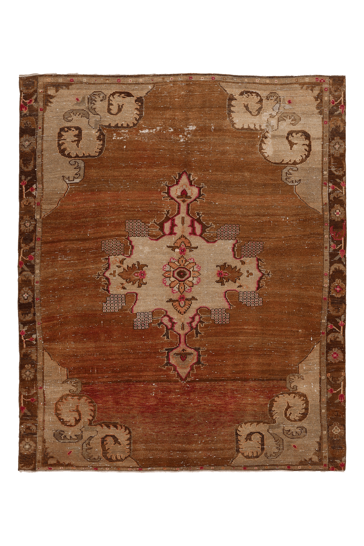 Vintage Kars Turkish Area Rug 6x7 ft — Brown & Beige Geometric