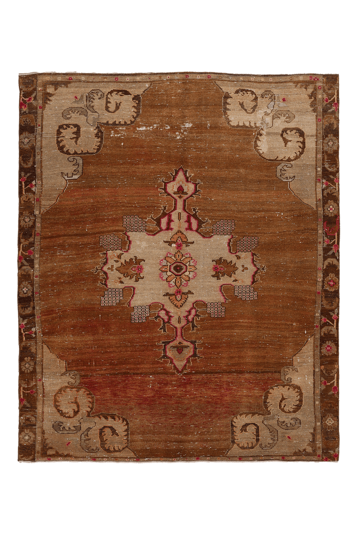 Vintage Kars Turkish Area Rug 6x7 ft — Brown & Beige Geometric
