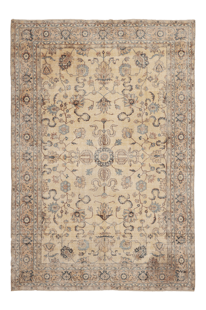 Vintage Isparta Turkish Area Rug 6x9 ft — Beige & Blue Floral (No. 40954)