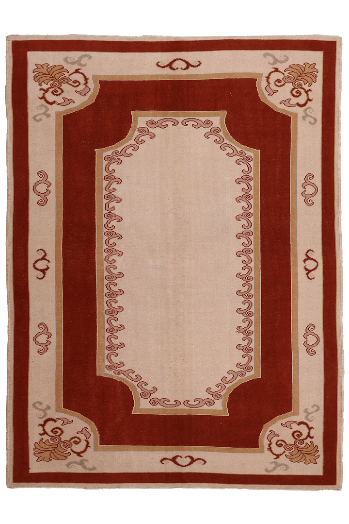 Vintage Aksaray Turkish Area Rug 5x7 ft — Red & Beige Minimalist