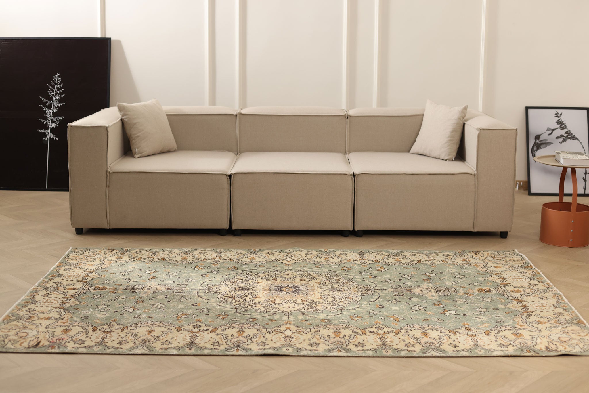 Vintage Isparta Turkish Area Rug 5x8 ft — Green & Beige Floral (No. 40967)
