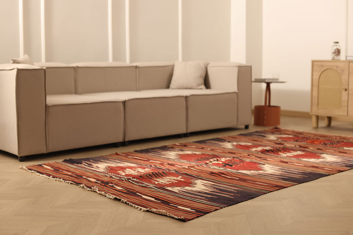Vintage Sivas Turkish Kilim Runner Rug 6x10 ft — Brown & Beige Geometric
