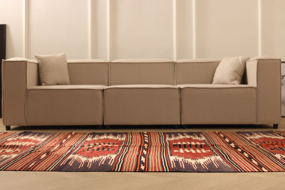 Vintage Sivas Turkish Kilim Runner Rug 6x10 ft — Brown & Beige Geometric