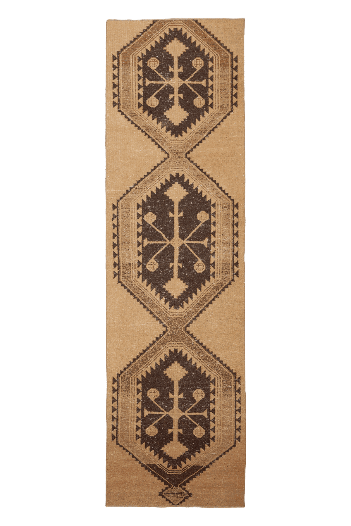 Vintage Malatya Turkish Runner Rug 3x12 ft — Beige & Brown Geometric