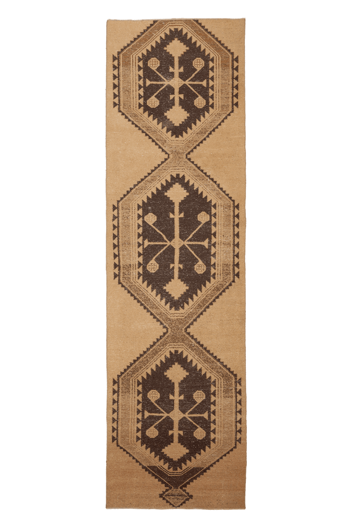Vintage Malatya Turkish Runner Rug 3x12 ft — Beige & Brown Geometric