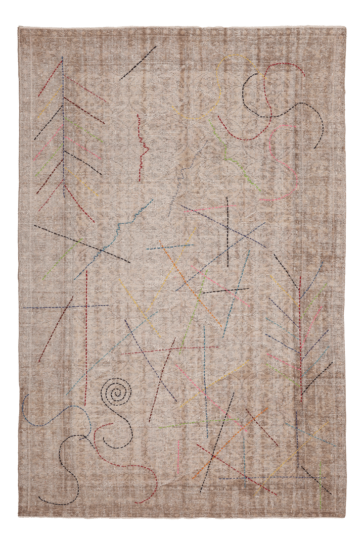 Vintage Manisa Turkish Area Rug 6x9 ft — Beige Floral (No. 41413)