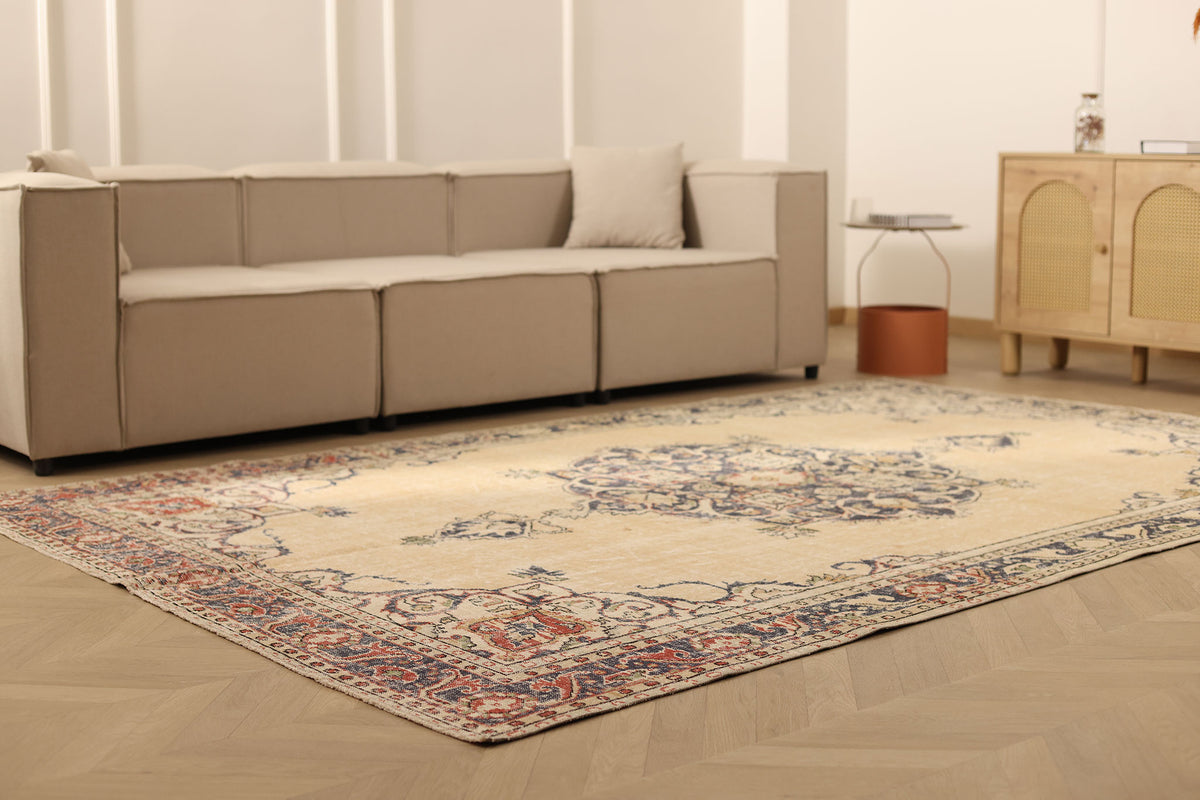 Vintage Isparta Turkish Area Rug 6x10 ft — Beige & Blue Floral (No. 41426)