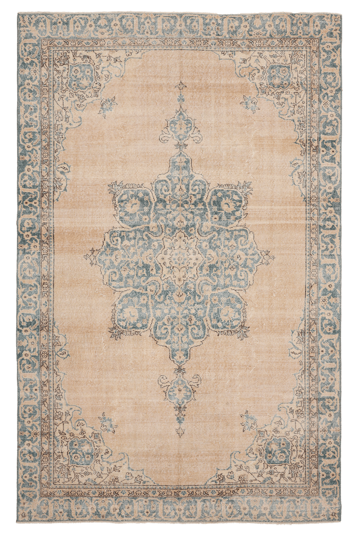 Vintage Isparta Turkish Area Rug 6x10 ft — Beige & Blue Floral (No. 41433)