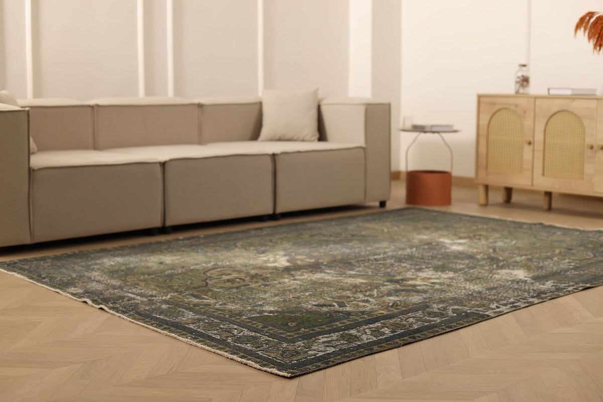 Vintage Isparta Turkish Area Rug 6x9 ft — Green & Gray Overdyed