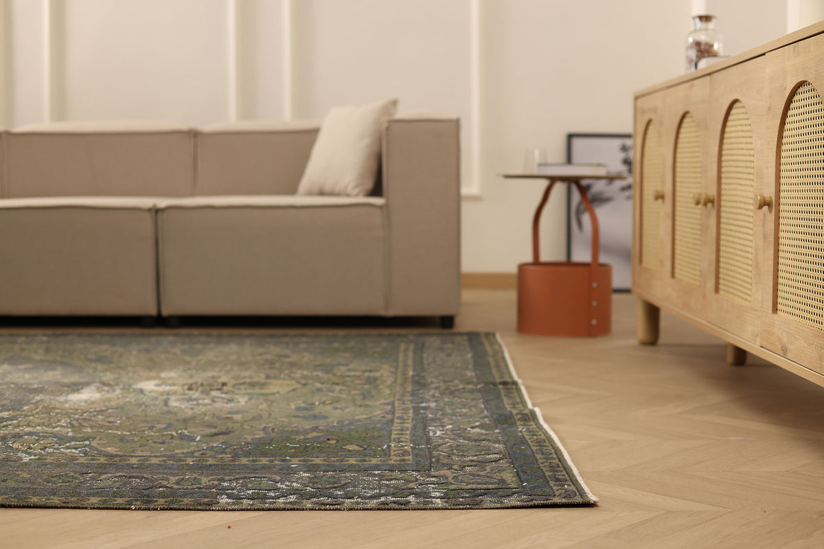 Vintage Isparta Turkish Area Rug 6x9 ft — Green & Gray Overdyed