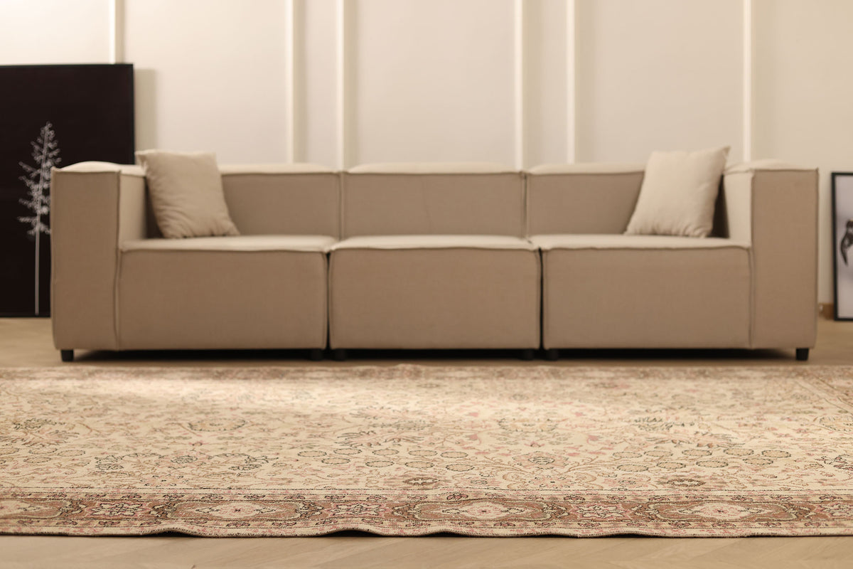 Vintage Isparta Turkish Area Rug 6x10 ft — Beige & Brown Floral (No. 41464)