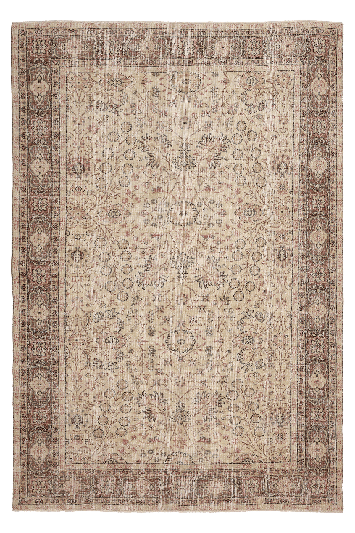 Vintage Isparta Turkish Area Rug 6x10 ft — Beige & Brown Floral (No. 41464)