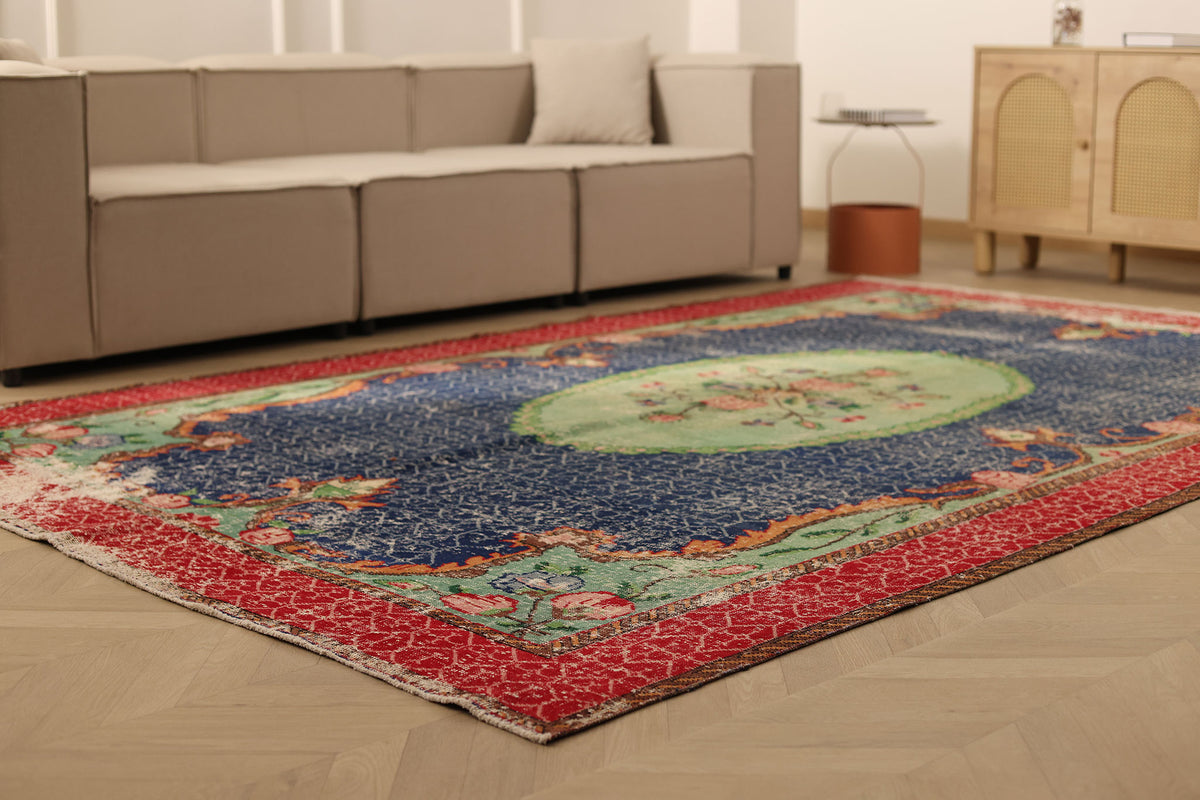 Vintage Isparta Turkish Area Rug 7x11 ft — Blue & Green Overdyed