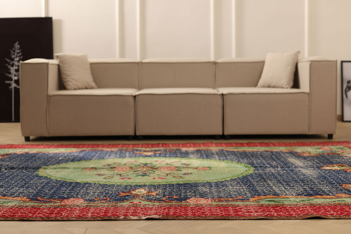 Vintage Isparta Turkish Area Rug 7x11 ft — Blue & Green Overdyed