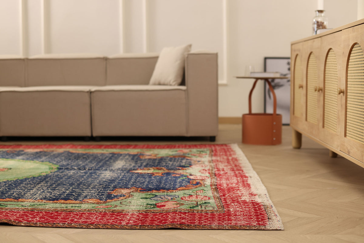 Vintage Isparta Turkish Area Rug 7x11 ft — Blue & Green Overdyed