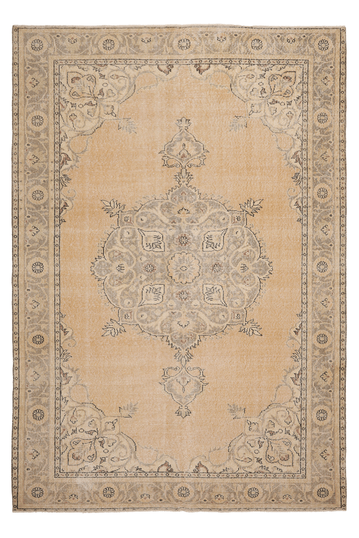 Vintage Isparta Turkish Area Rug 6x10 ft — Beige & Brown Floral (No. 41467)