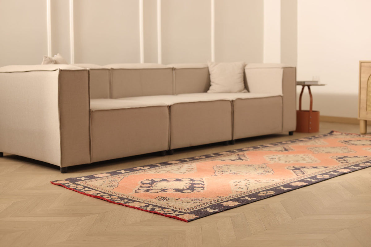 Vintage Konya Turkish Runner Rug 4x11 ft — Orange & Brown Geometric