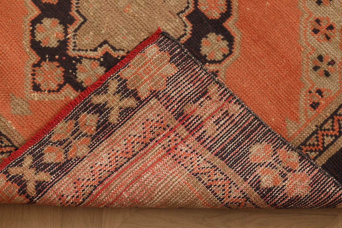 Vintage Konya Turkish Runner Rug 4x11 ft — Orange & Brown Geometric