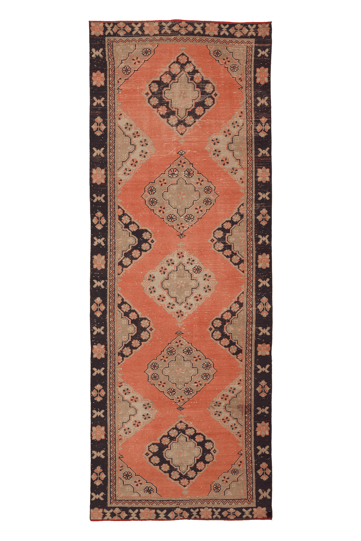 Vintage Konya Turkish Runner Rug 4x11 ft — Orange & Brown Geometric