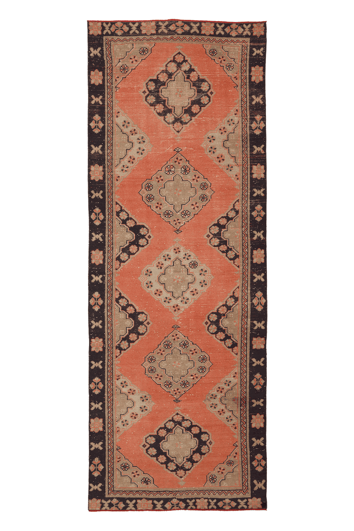 Vintage Konya Turkish Runner Rug 4x11 ft — Orange & Brown Geometric