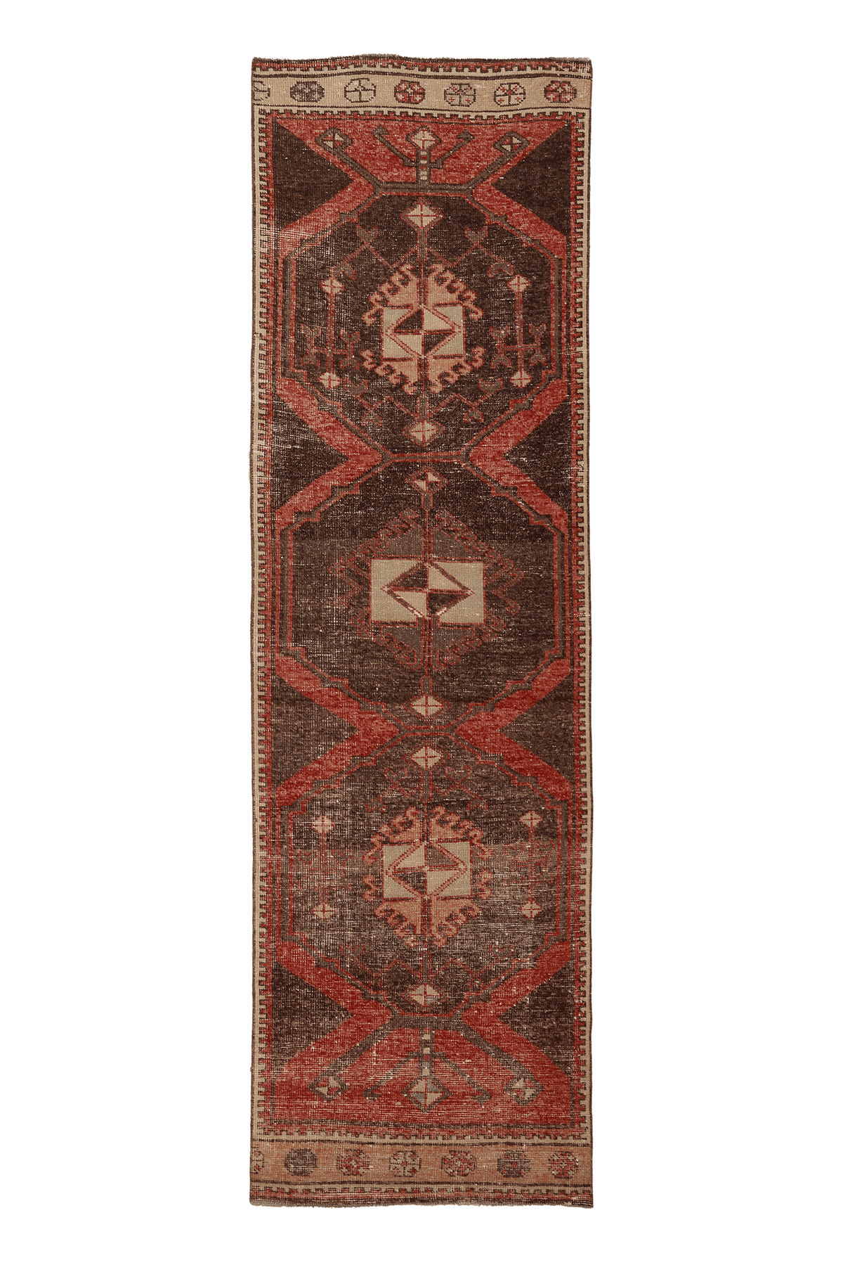 Vintage Malatya Turkish Runner Rug 3x10 ft — Brown & Red Geometric