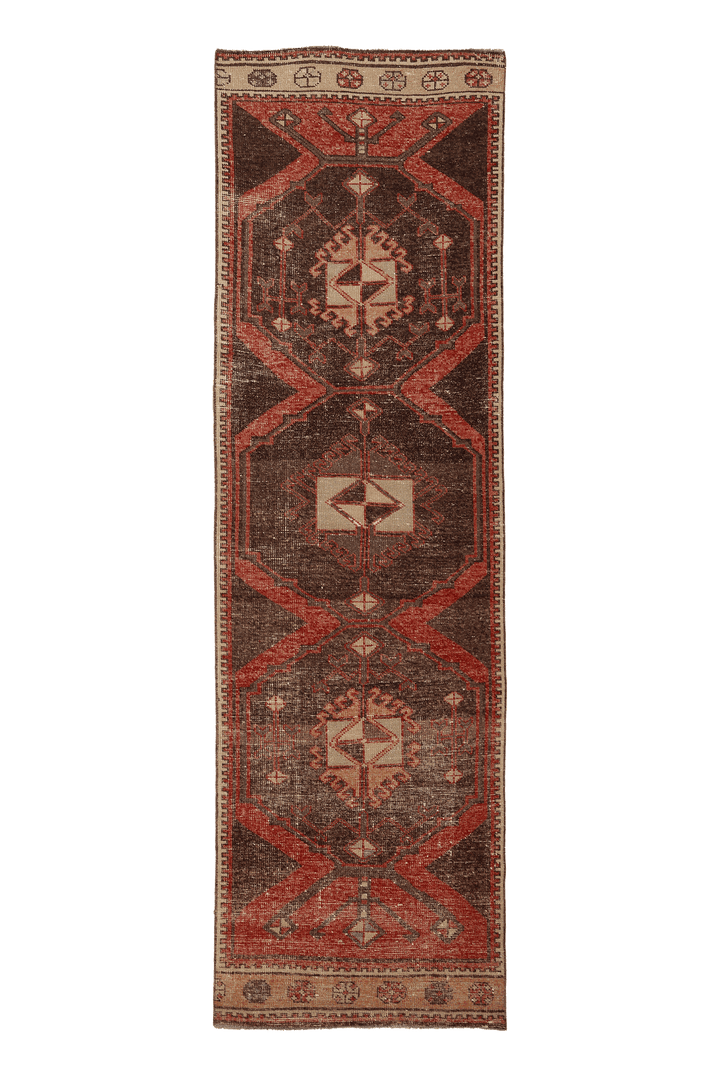 Vintage Malatya Turkish Runner Rug 3x10 ft — Brown & Red Geometric