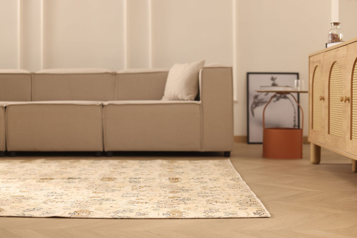 Vintage Isparta Turkish Area Rug 6x9 ft — Beige & Brown Floral