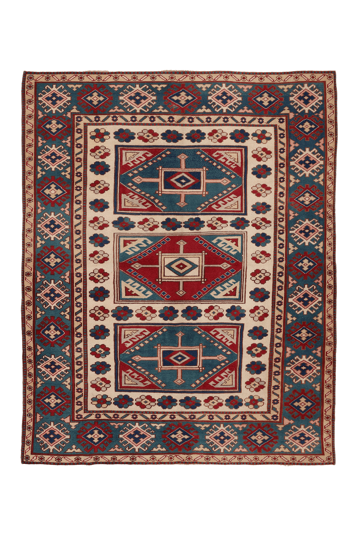 Vintage Muğla Turkish Area Rug 5x7 ft — Blue & Red Geometric