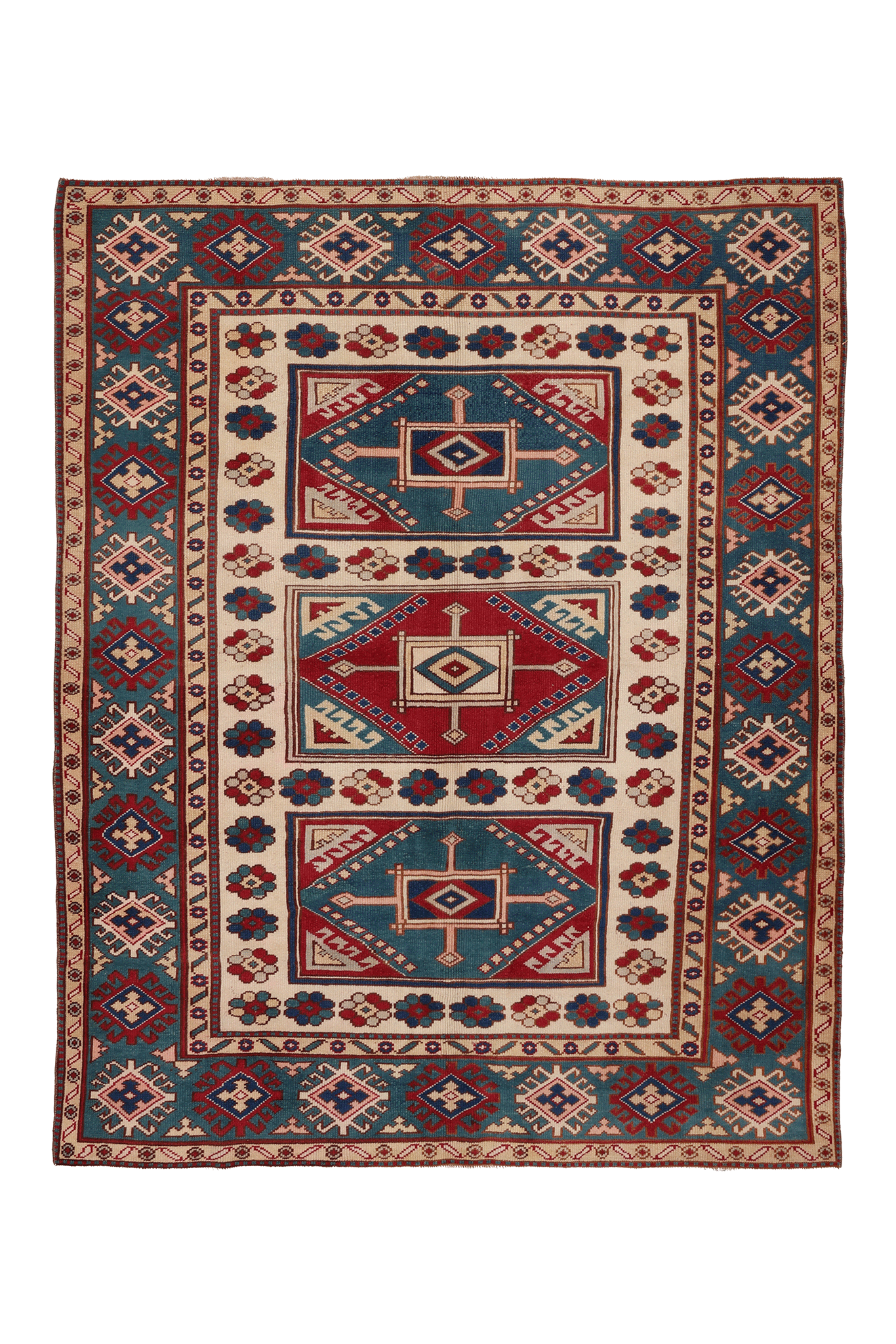 Vintage Muğla Turkish Area Rug 5x7 ft — Blue & Red Geometric