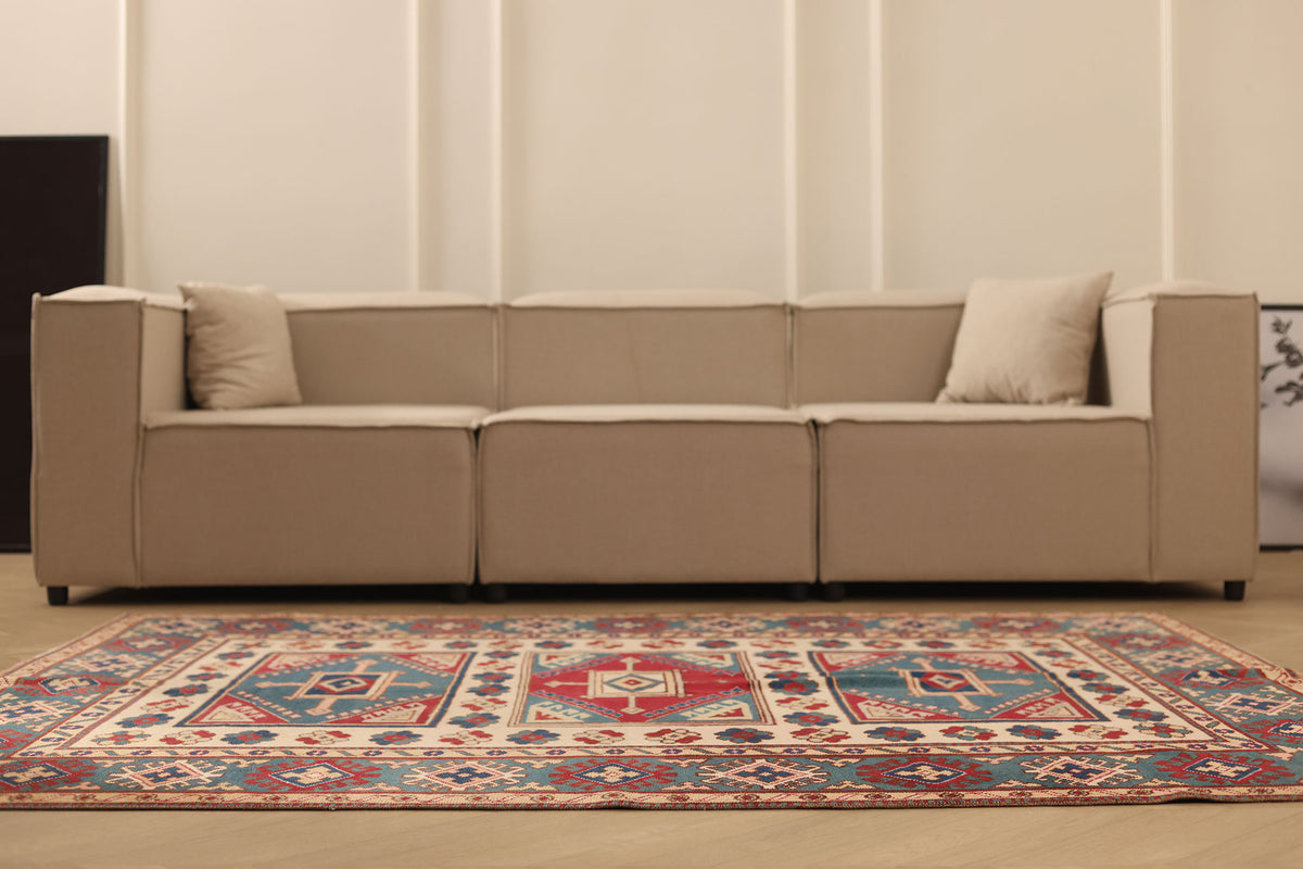 Vintage Muğla Turkish Area Rug 5x7 ft — Blue & Red Geometric