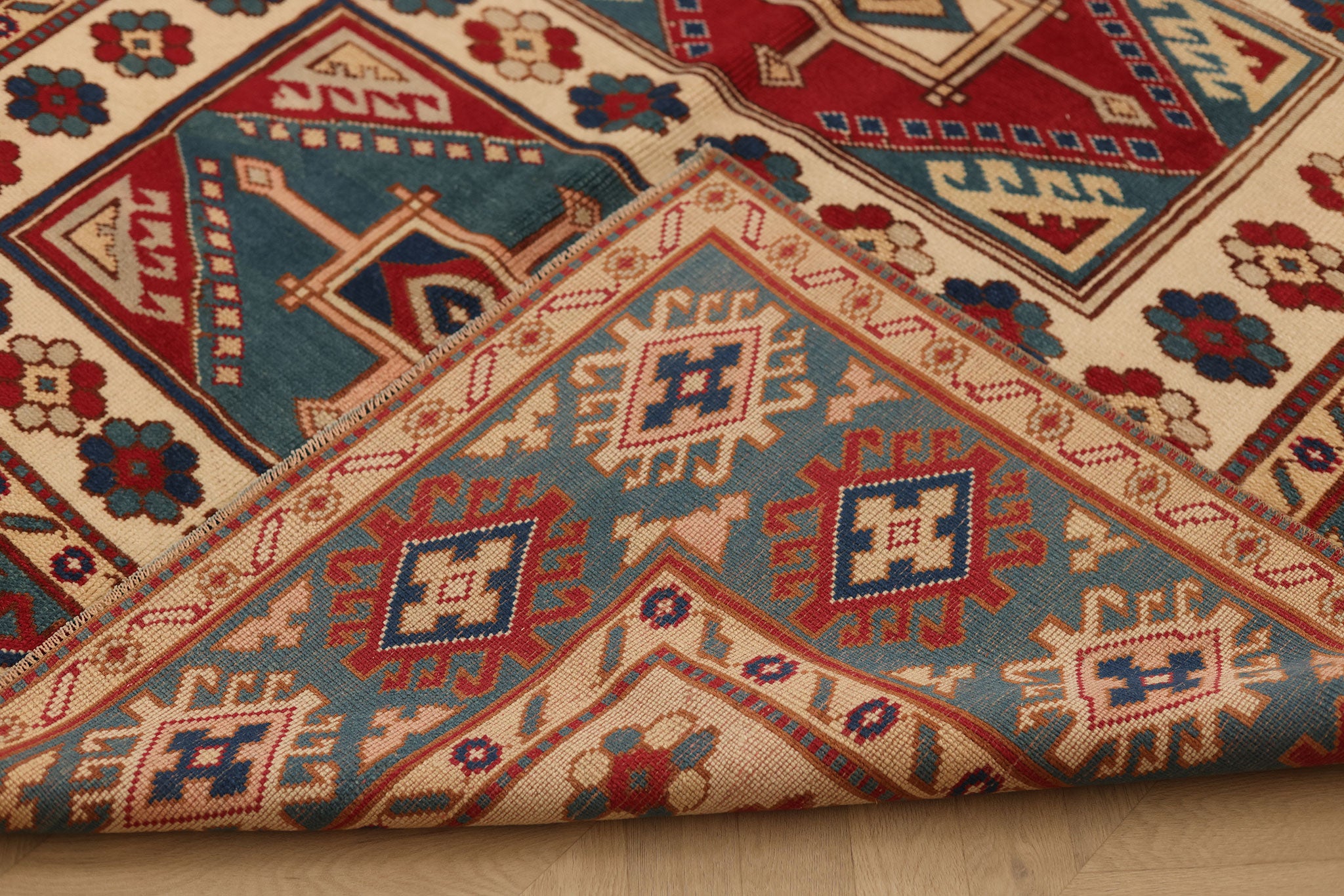 Vintage Muğla Turkish Area Rug 5x7 ft — Blue & Red Geometric